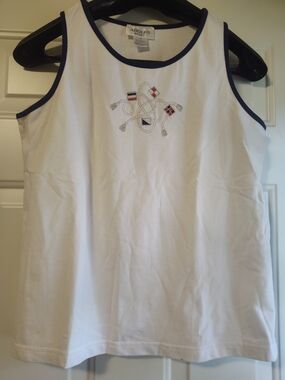 Adolfo White Tank Top with Navy Trim and Nautical Embroidery Size M Bust: 40"